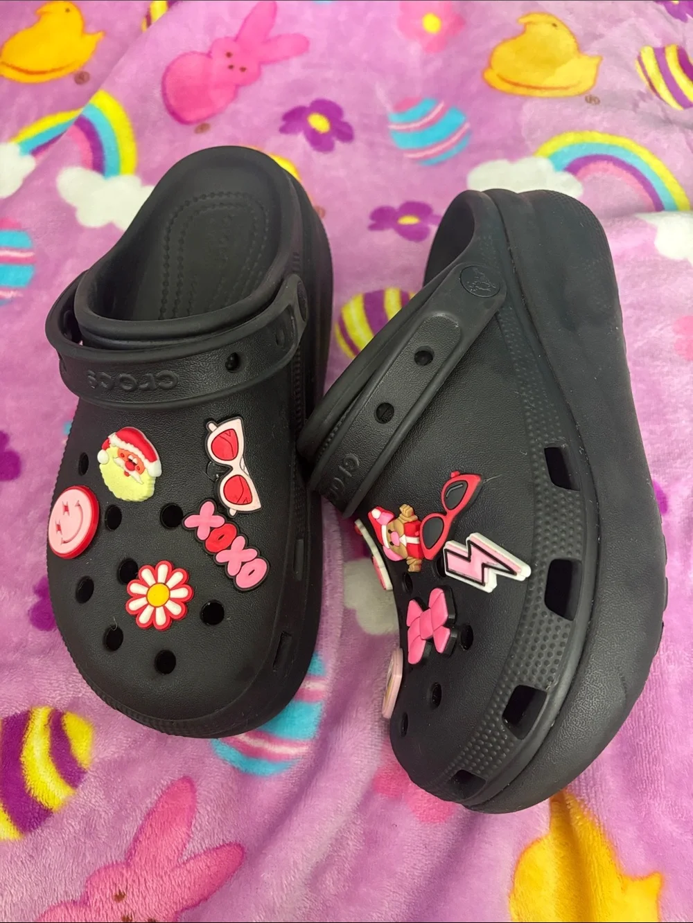 CROCS Black Kids Clogs with Pink and Red Charms